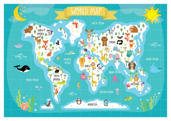Nursery Printable Animal World Map Kids World Map Poster Digital ...