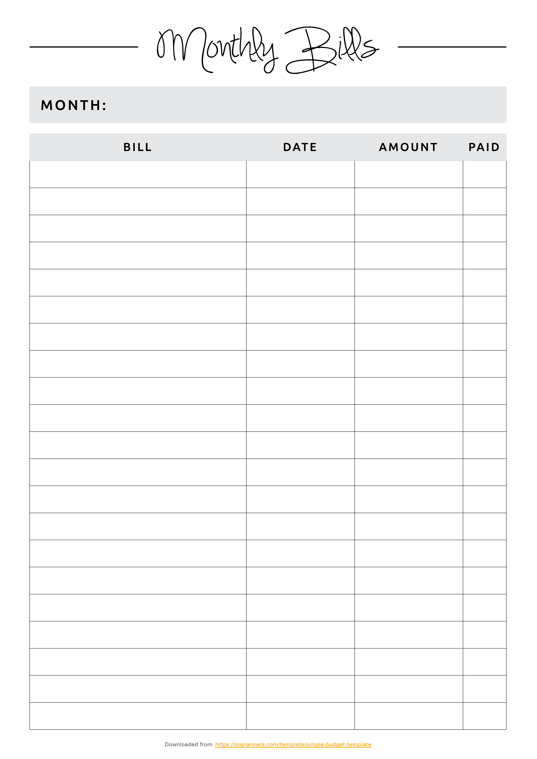 Printable Simple budget template PDF Download