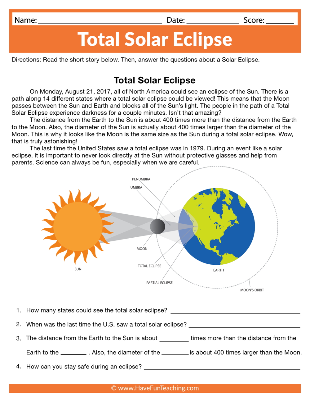 Total Solar Eclipse Worksheet  