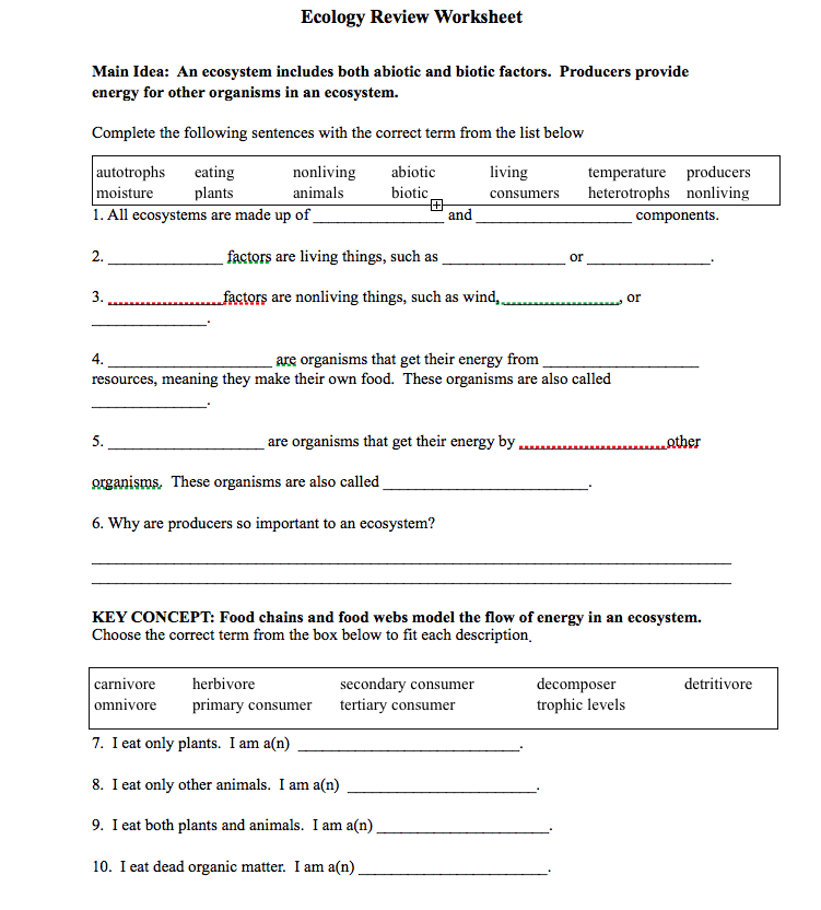 Solved Ecology Review Worksheet Main Idea: An ecosystem | Chegg.com