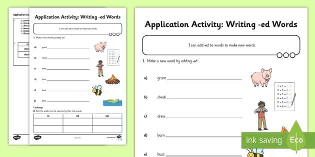 Writing ed Words Application Worksheet / Worksheet - Twinkl