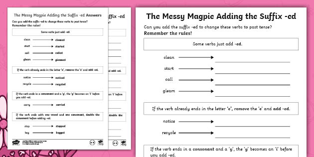 The Messy Magpie Adding -ed Worksheets (teacher made)