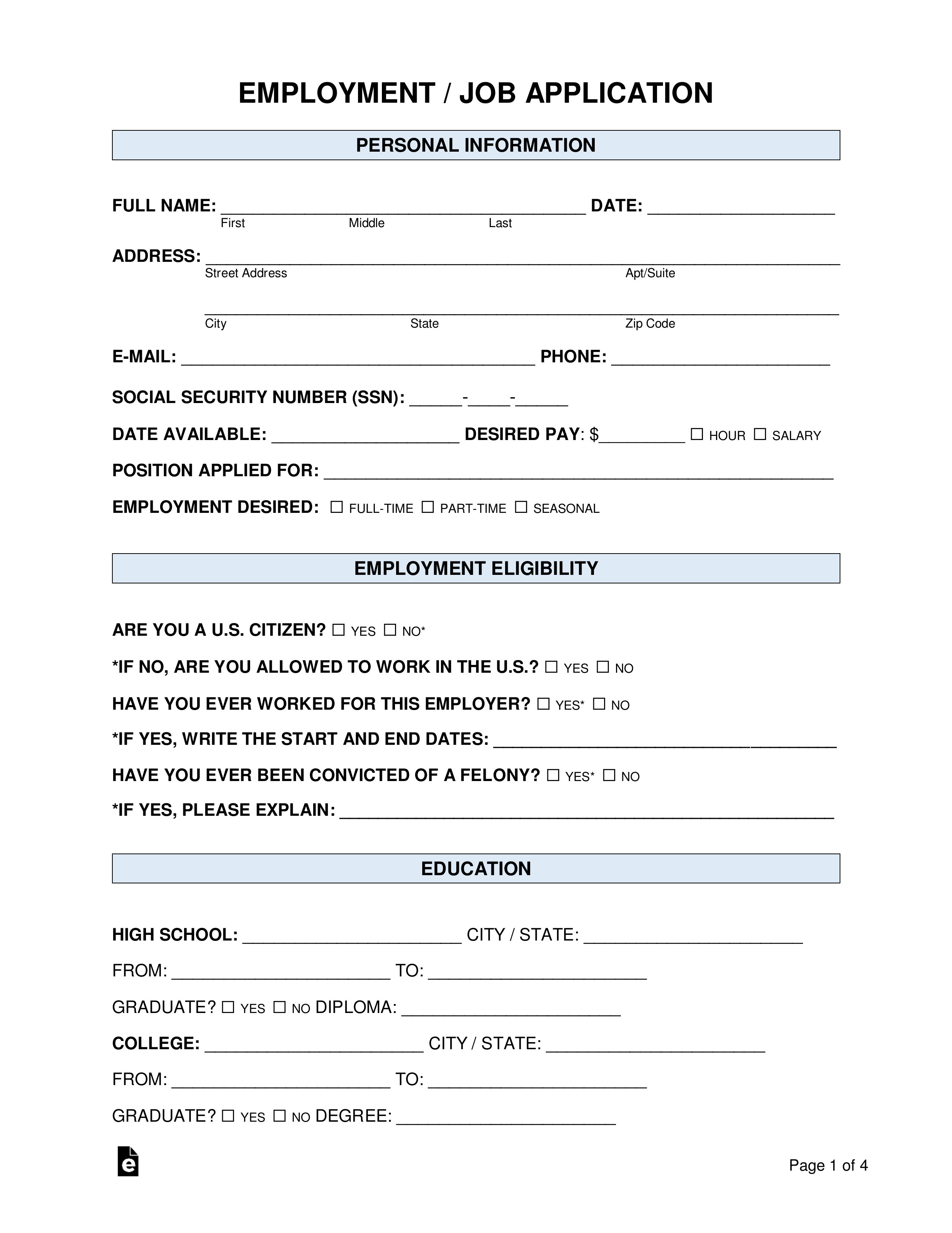 Free Job Application Form (standard template) - PDF | Word - eForms