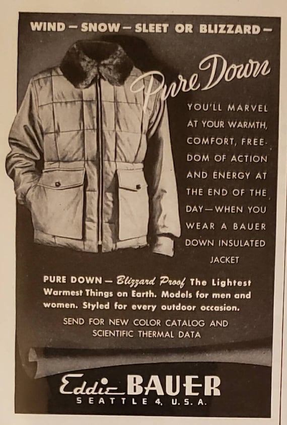 1946 EDDIE BAUER Down Isolierte Jacke Outdoor Fashion Seattle Vintage Print  Ad
