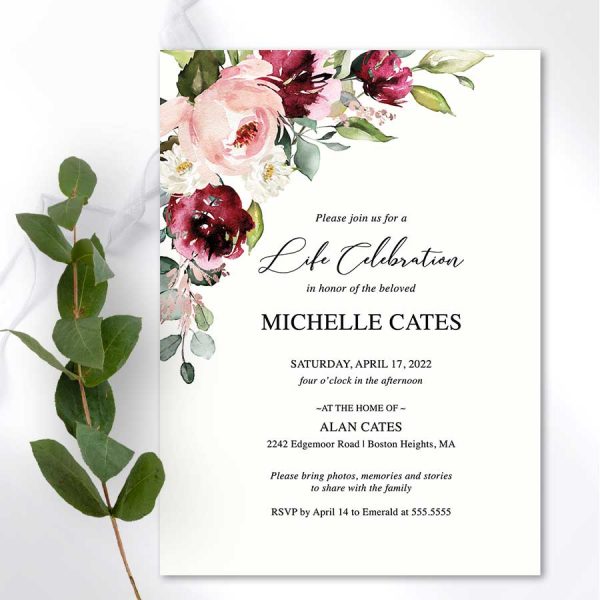 Funeral Invitation Template Printable Floral Design Burgundy
