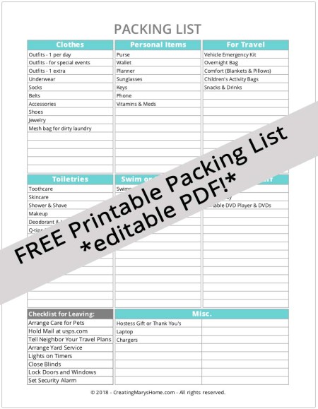 editable printable packing list