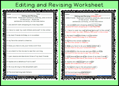 Editing and Revising Worksheet Printable Worksheet with Answer Key ...