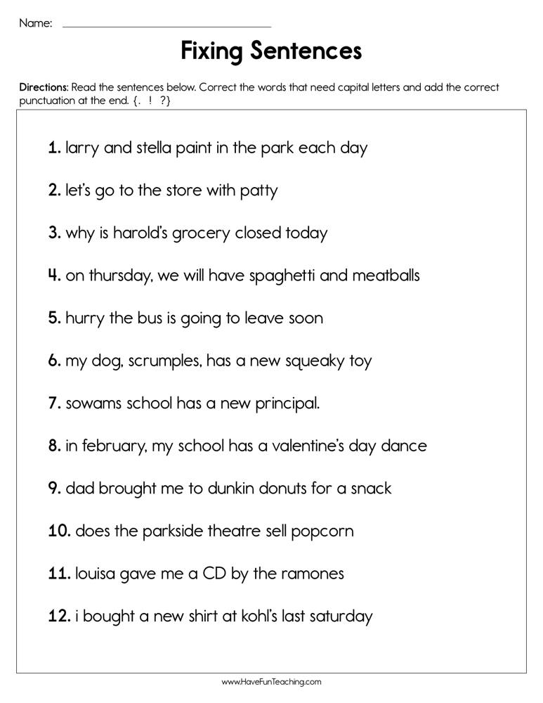 Editing Sentences Worksheet