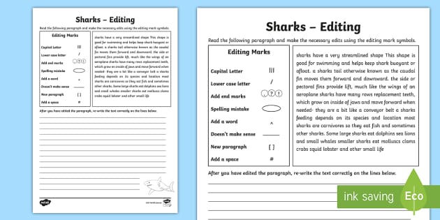 Sharks - Editing a Passage Worksheet (teacher made) - Twinkl