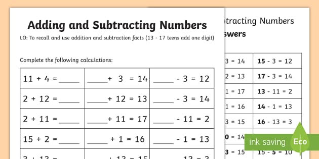 Number Facts Worksheet 13-17 Teens Add One Digit - Twinkl
