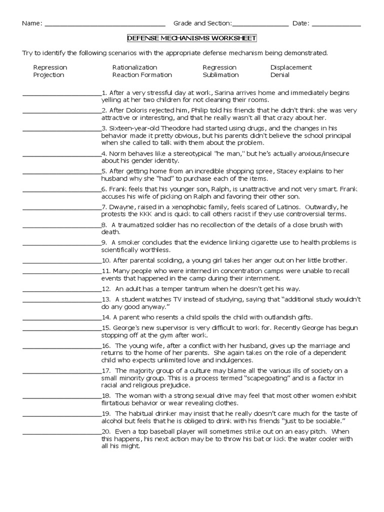 ego defense mechanisms worksheet