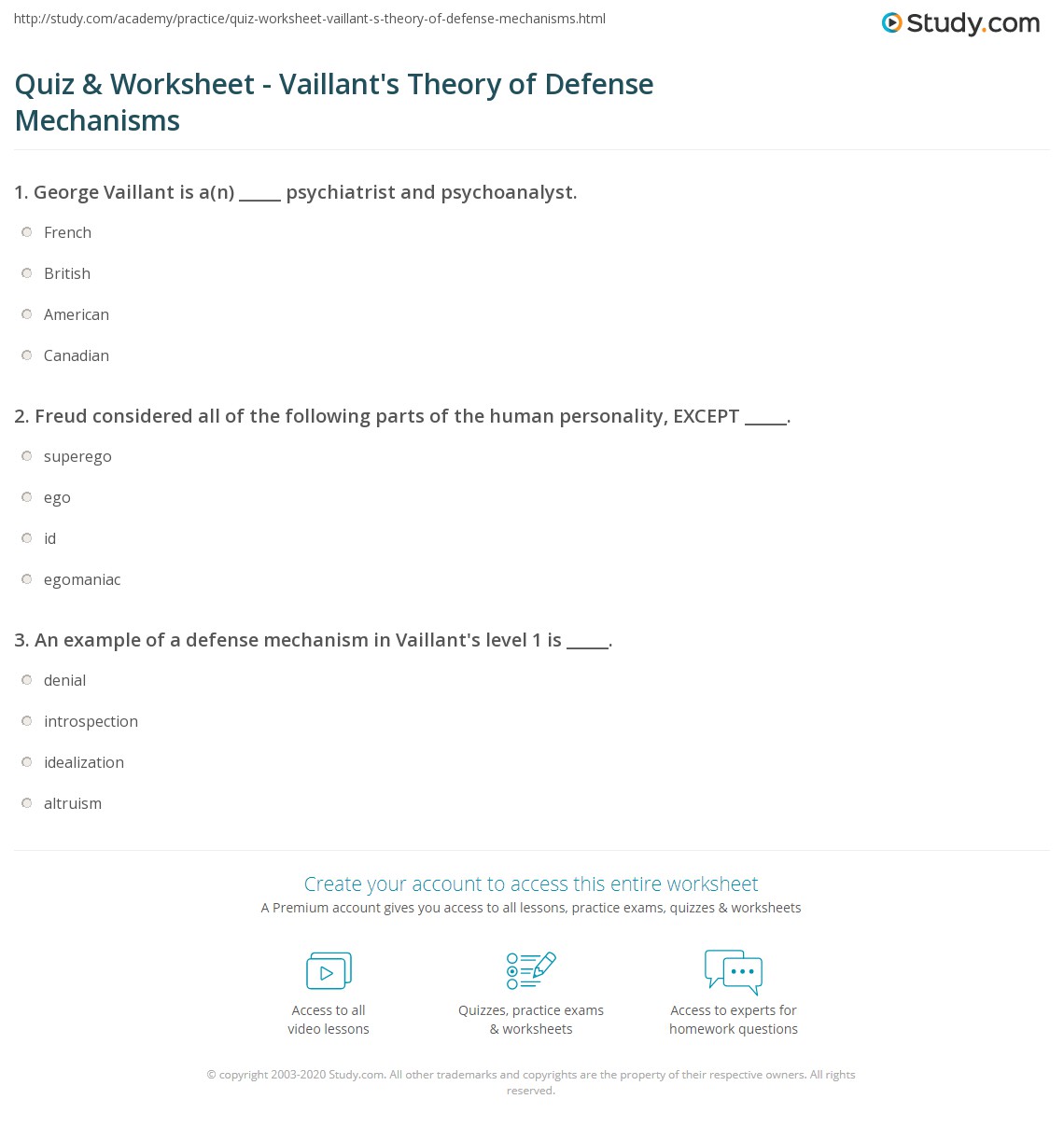 ego defense mechanisms worksheet