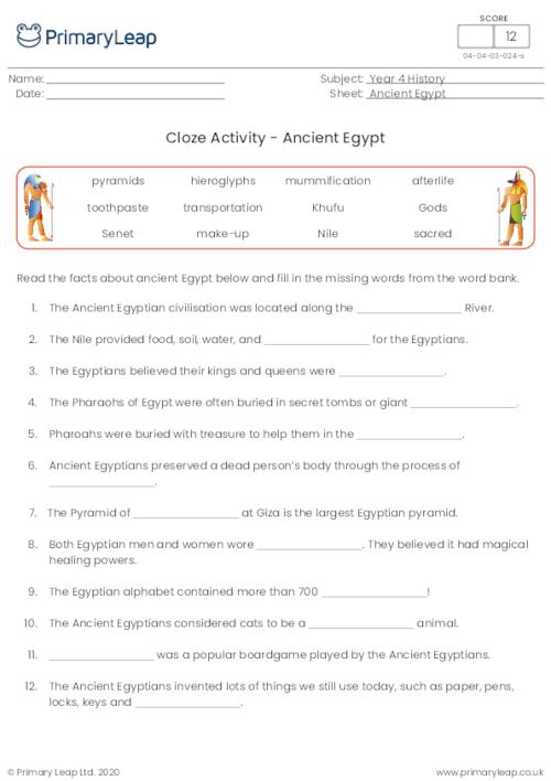 History: Cloze Activity Ancient Egypt | Worksheet | PrimaryLeap.co.uk