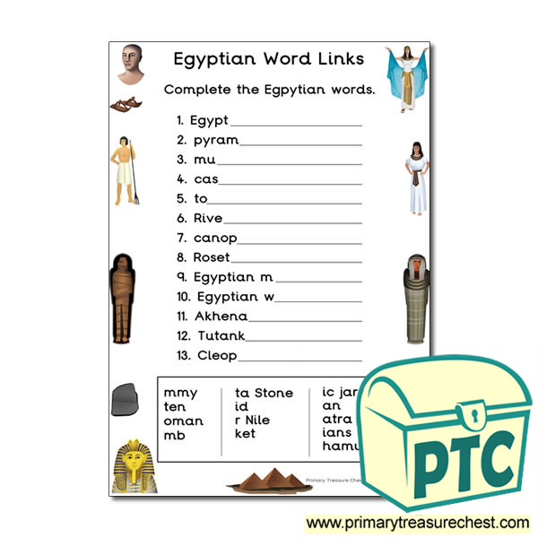 Ancient Egypt Themed Word Link Worksheet - Primary Treasure Chest
