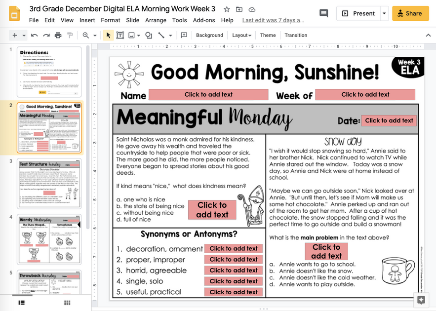 ELA Morning Work 3rd Grade {December} I Distance Learning I Google ...