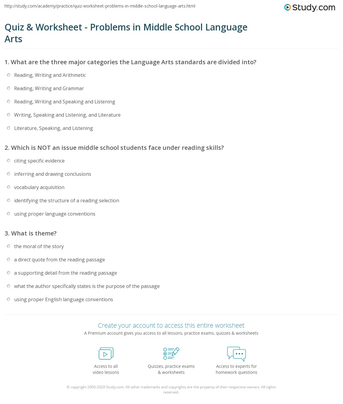 Quiz &  Worksheet - Problems in Middle School Language Arts | Study.com