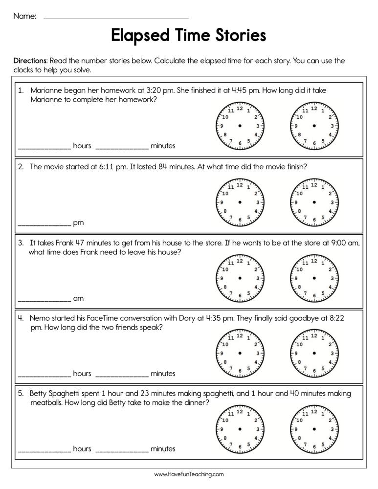 Elapsed Time Stories Worksheet  