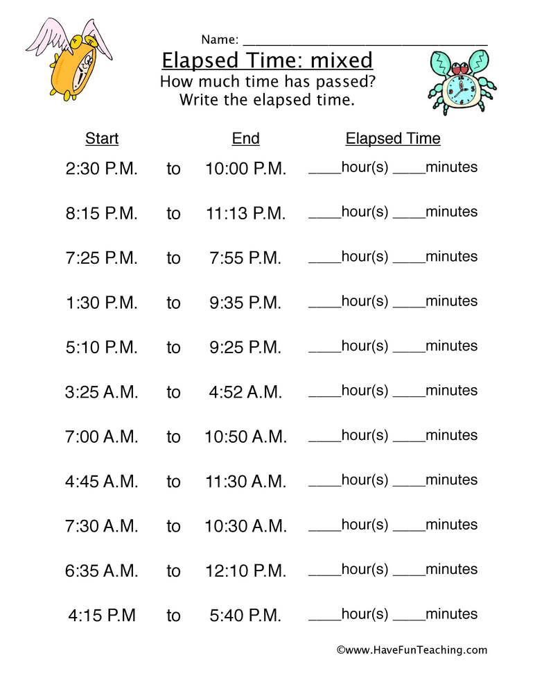 elapsed time within the hour worksheet