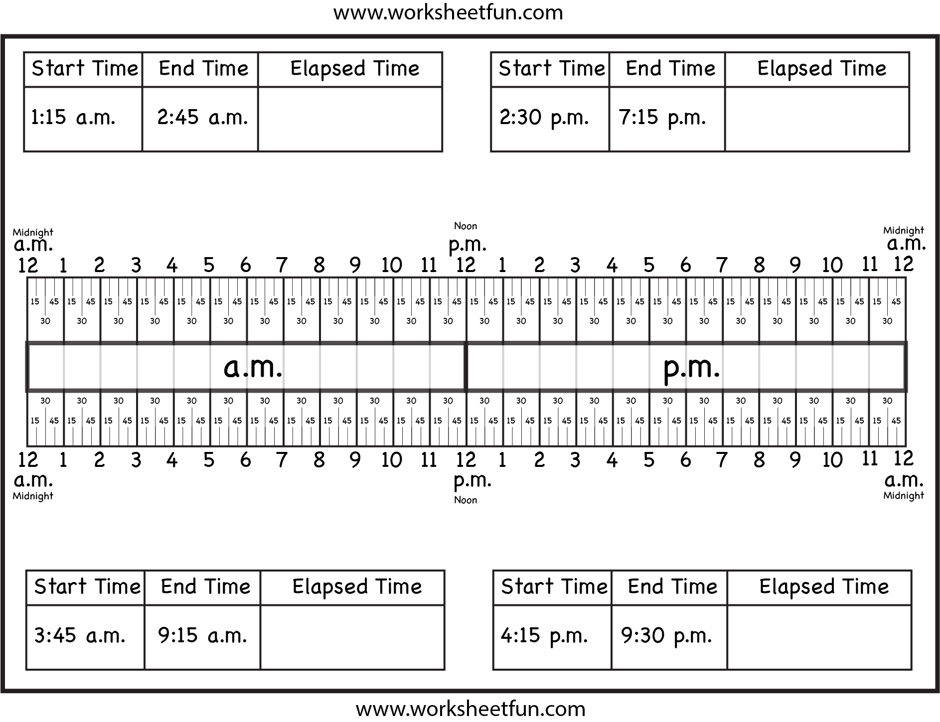 Calculate Elapsed Time - 5 worksheets - 15, 30, 45, 60 minutes ...
