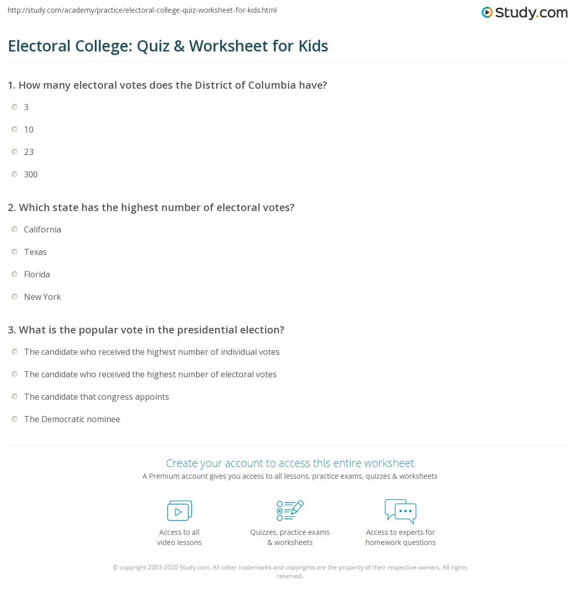 Electoral College: Quiz &  Worksheet for Kids | Study.com