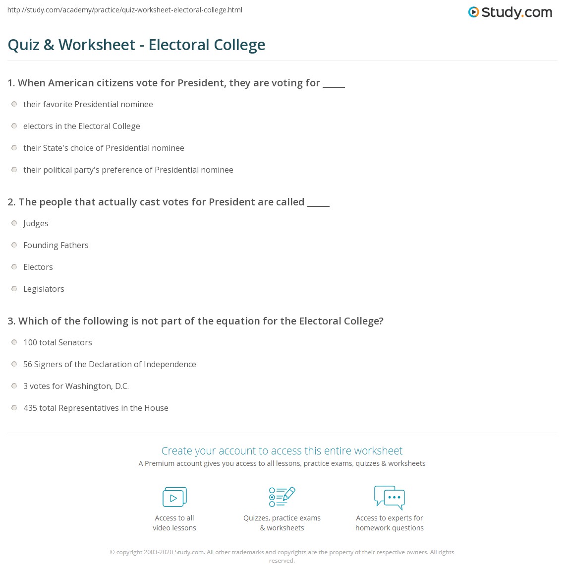 Quiz &  Worksheet - Electoral College | Study.com