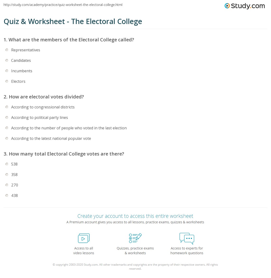electoral college worksheet