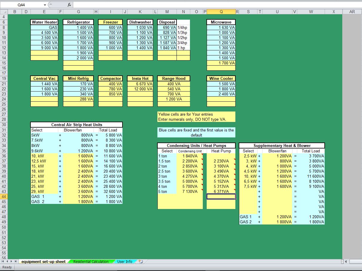 Residential Electrical Load Requirements Calculations Spreadsheet