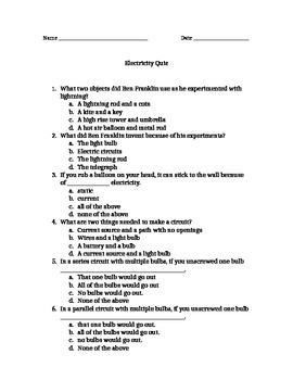 Electricity Review Quiz by DeCoites DeClass worksheets library