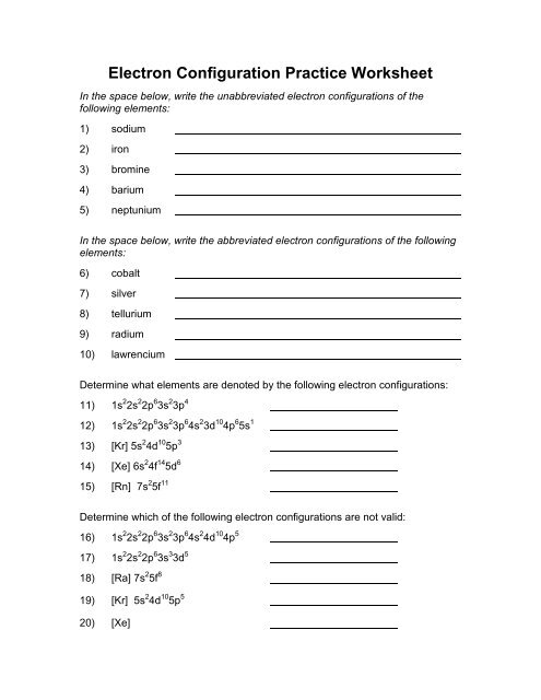 electron configuration worksheet pdf