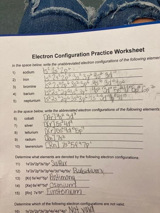 electron configuration worksheet with answers