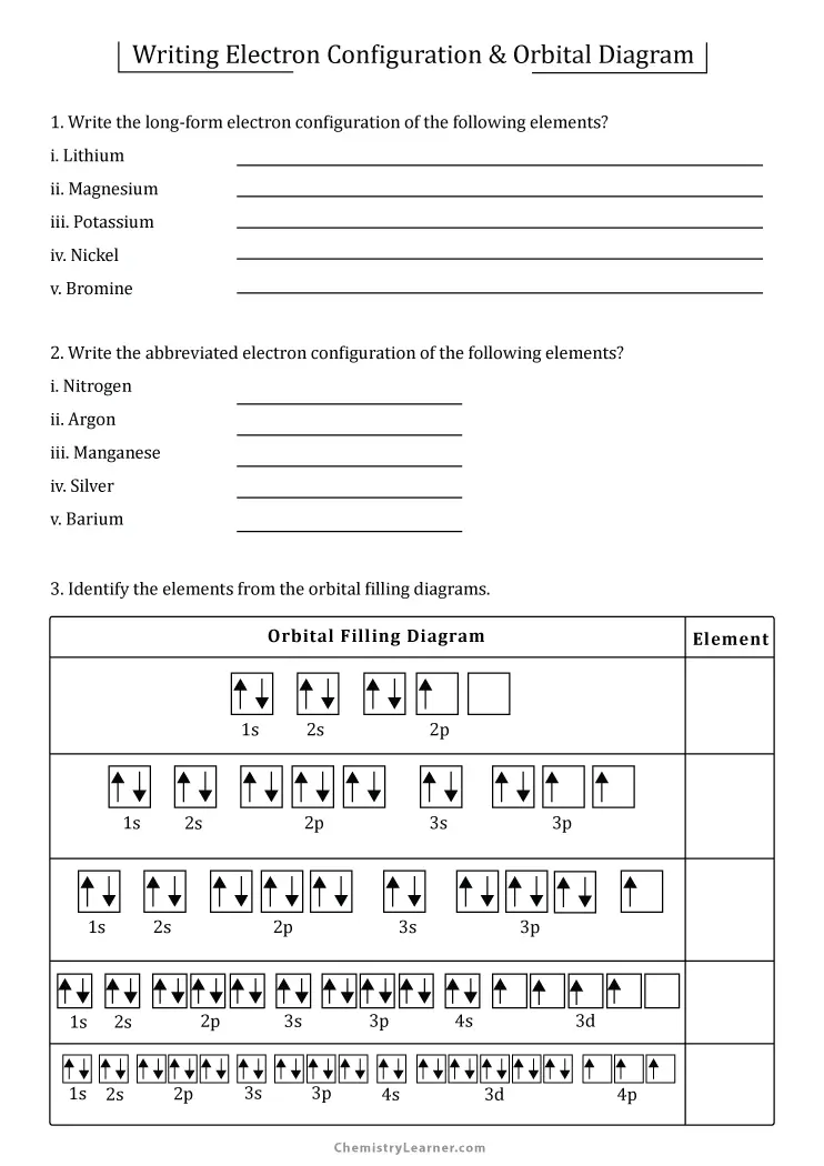 Free Printable Electron Configuration Orbital Diagram Worksheets