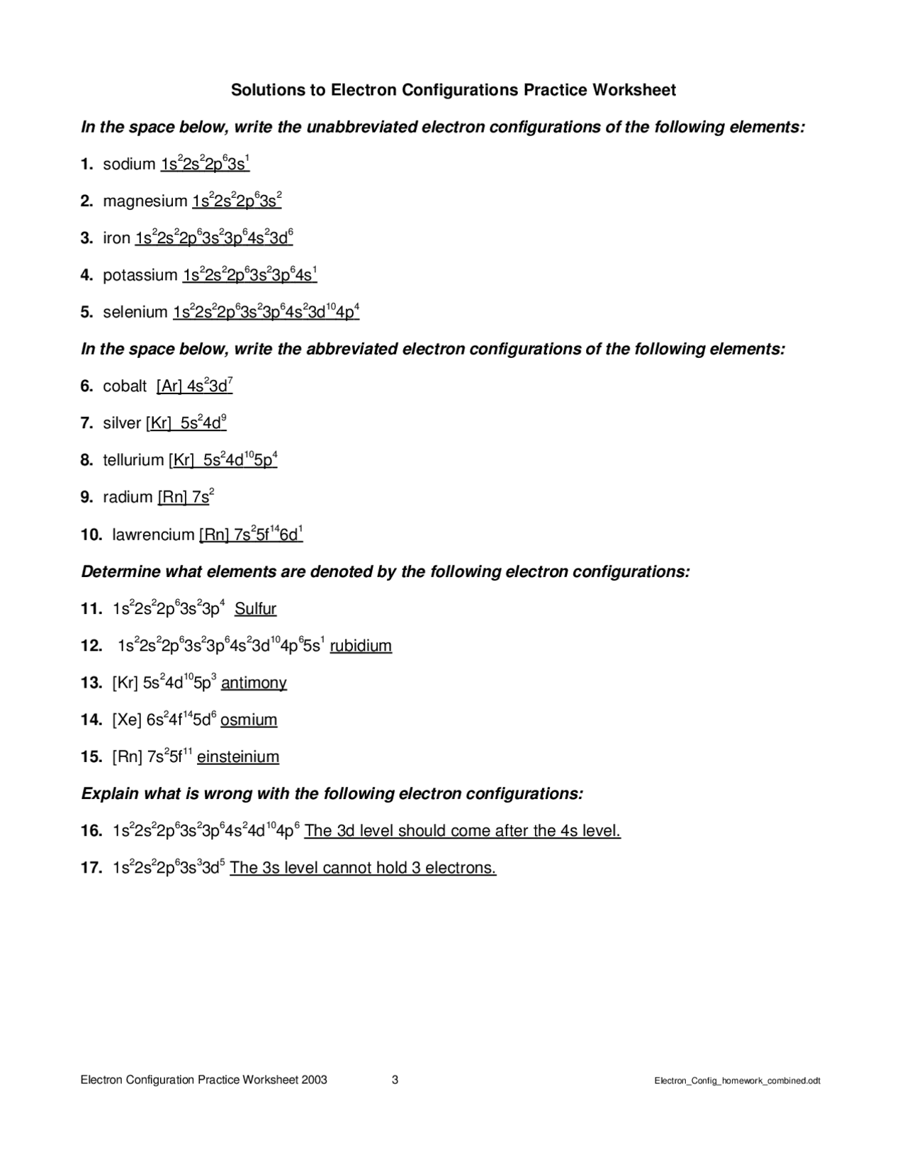 Electron Configuration Practice Worksheet 2003 | Exercises ...