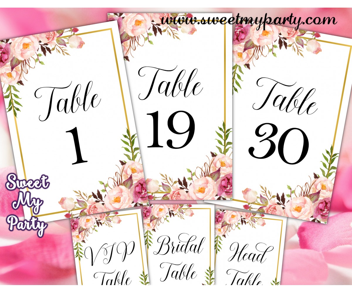 Floral table numbers printable|Gold table numbers printable|modern ...
