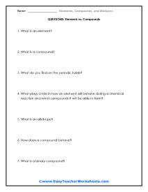 Elements, Compounds, and Mixtures Worksheets