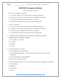 Elements, Compounds, and Mixtures Worksheets