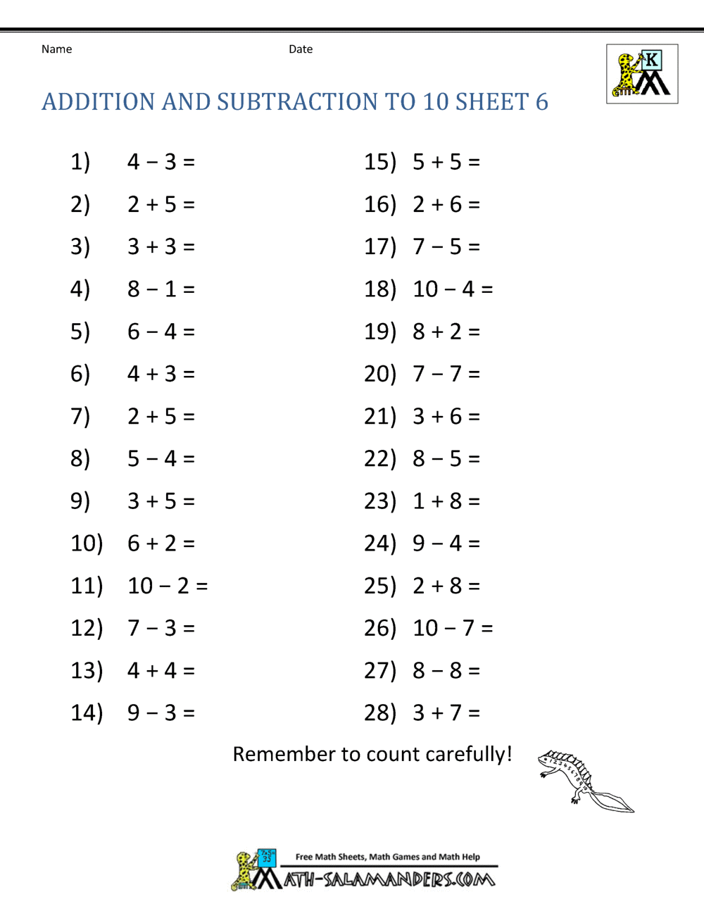 elementary addition and subtraction worksheet