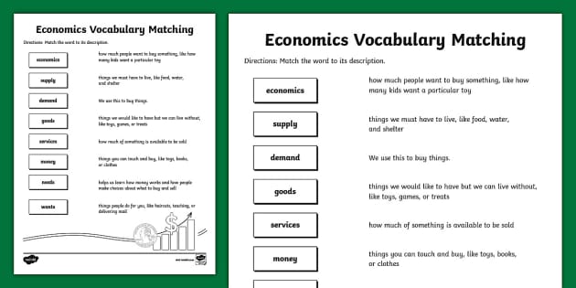 Basic Economics Vocabulary Matching Activity for 3rd-5th Grade
