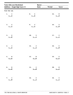 Worksheet: Addition - Add Single Digit Numbers with Sum of 5 or ...