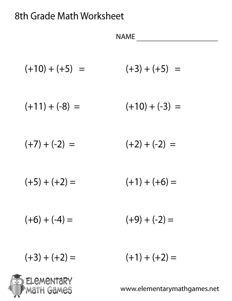 Free Printable Addition Worksheet for Eighth Grade
