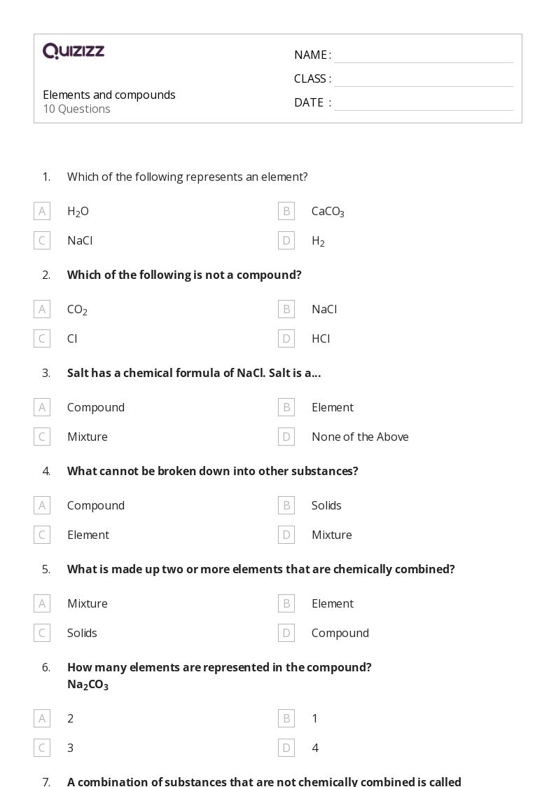 50+ elements and compounds worksheets for 10th Class on Quizizz ...