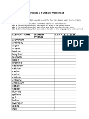 elements and symbols worksheet