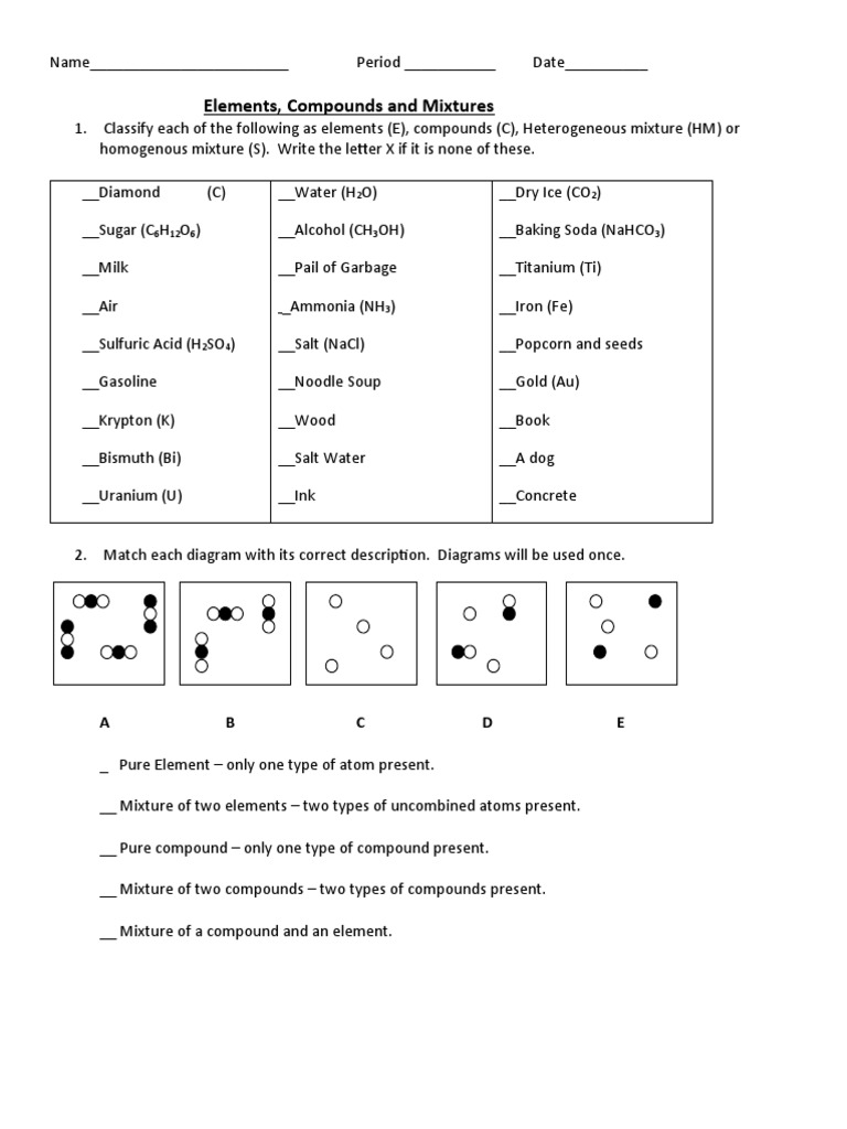 Elements, Compounds Mixtures Worksheet 3A | PDF | Mixture ...