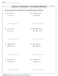 elimination systems of equations worksheet