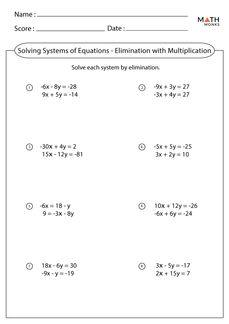 Solving Systems of Equations by Elimination Worksheets - Math Monks
