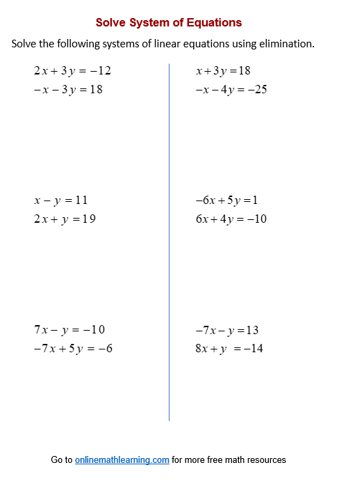 System of Equations Worksheets - Elimination (printable, online ...