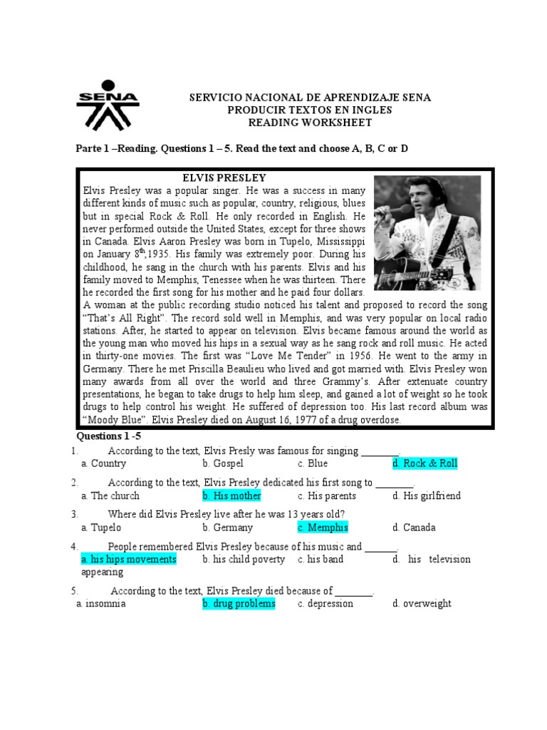 Reading Worksheet Elvis Presley | Download Free PDF | Elvis Presley