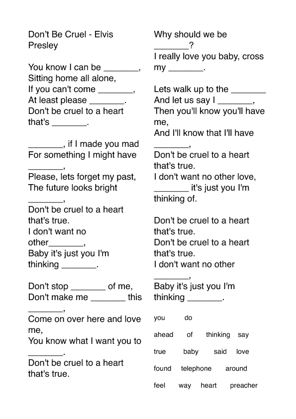 elvis presley worksheet