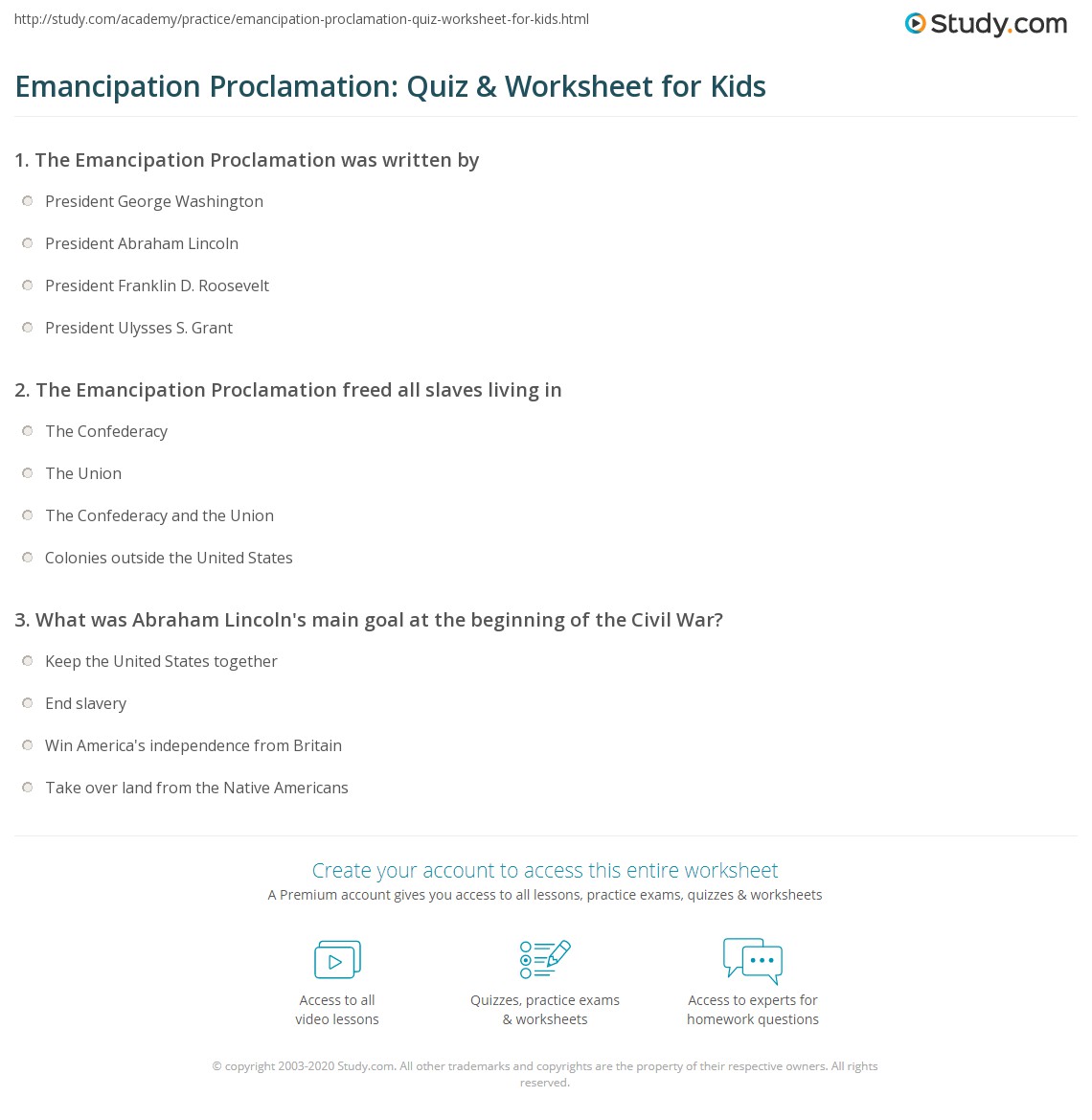 Emancipation Proclamation: Quiz &  Worksheet for Kids | Study.com