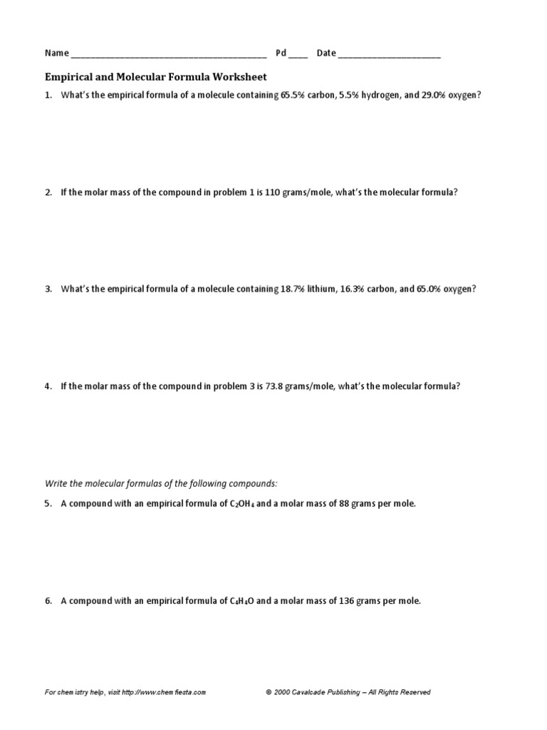 empirical and molecular formula worksheet