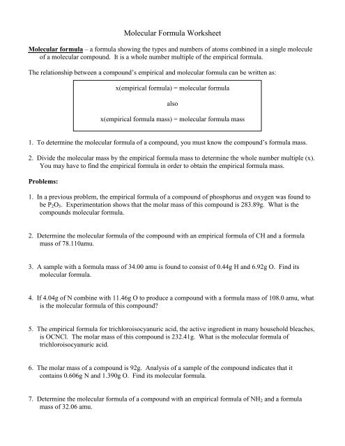 empirical formula worksheet answers